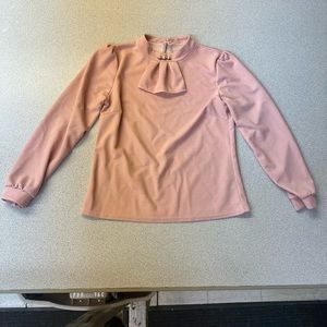 Dusty Pink Stretchy Blouse with Cute Detail Neckline and Pearl Broach